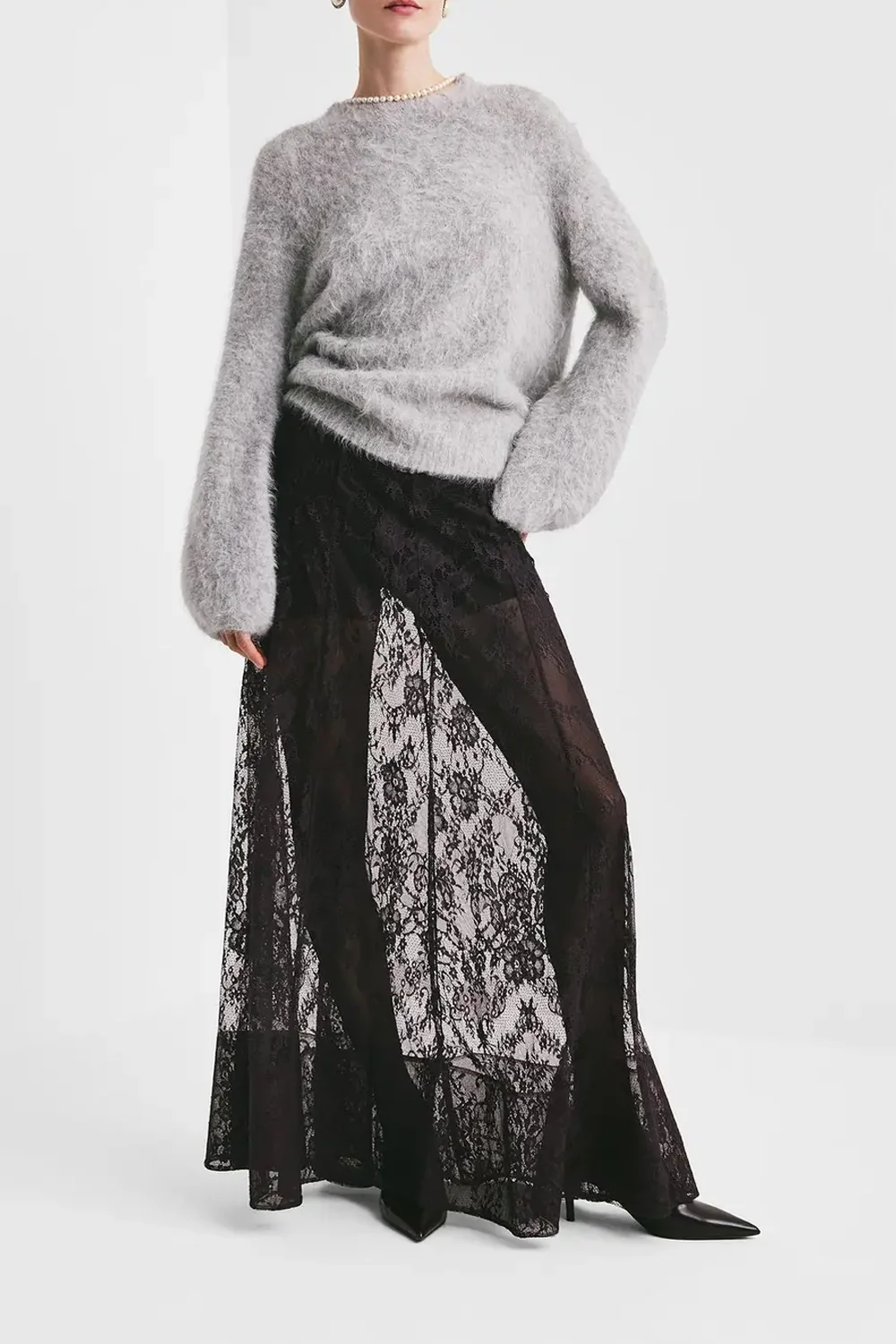 Satin Lace Maxi Skirt Aubergine - Image 3