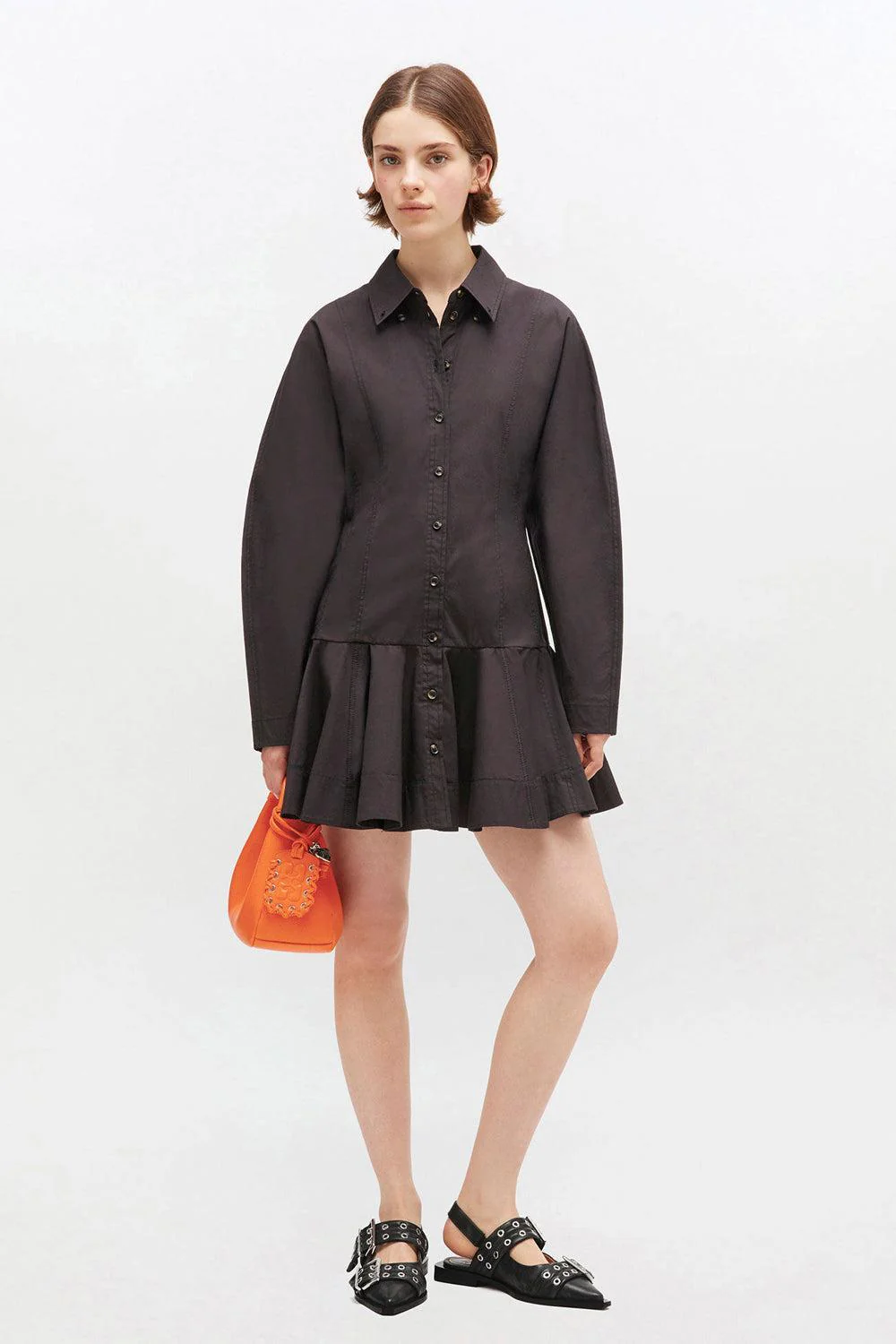 Stretch cotton buttoned mini dress black - Image 2
