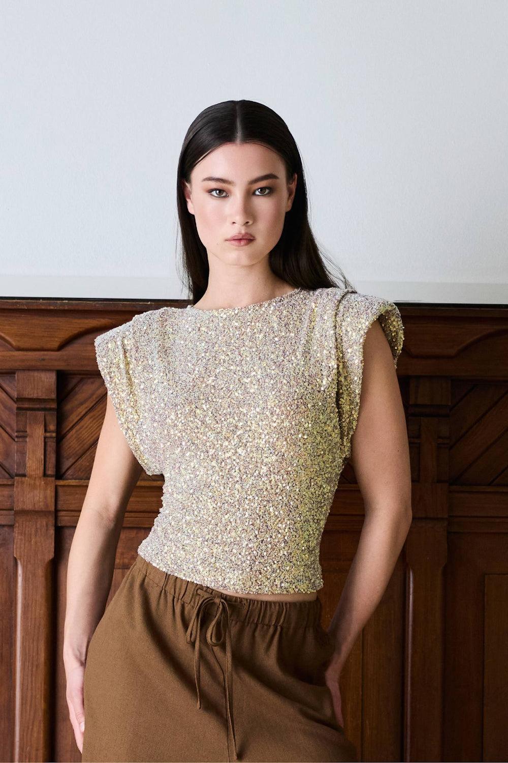 Sunset Sequin Top Iridescent Beige - Image 4