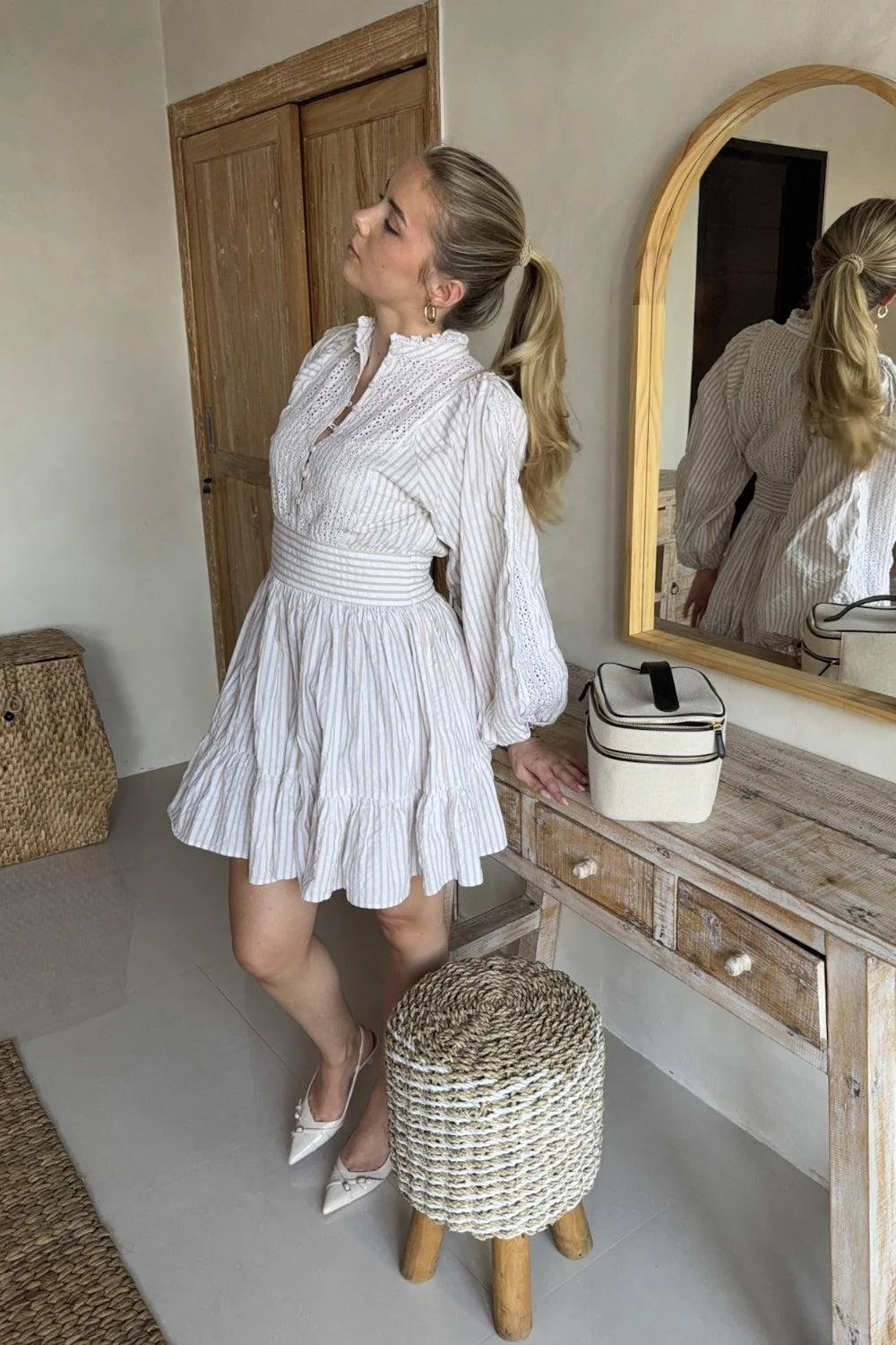Seersucker Mini Dress Khaki Stripe - Image 3