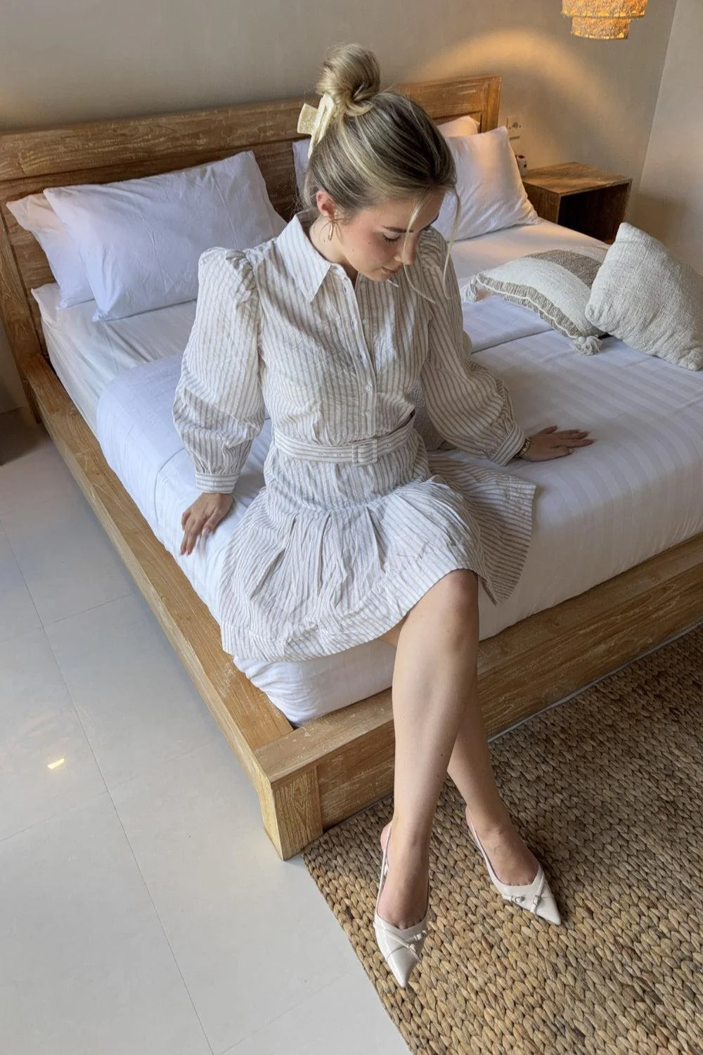 Seersucker Pleated Dress Khaki Stripe - Image 2