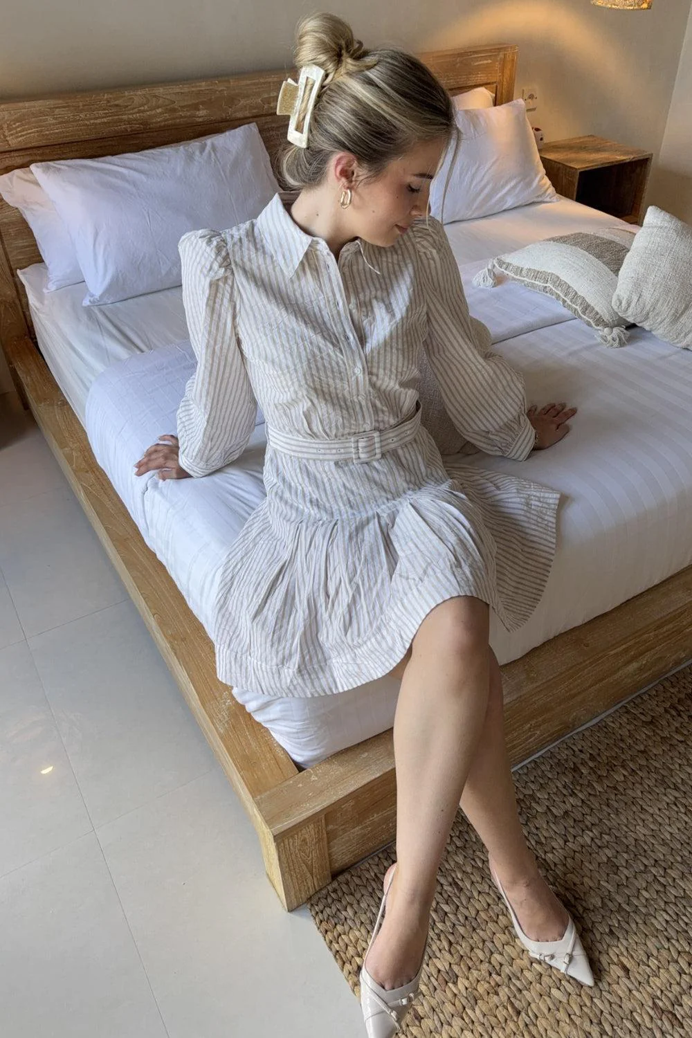 Seersucker Pleated Dress Khaki Stripe - Image 3