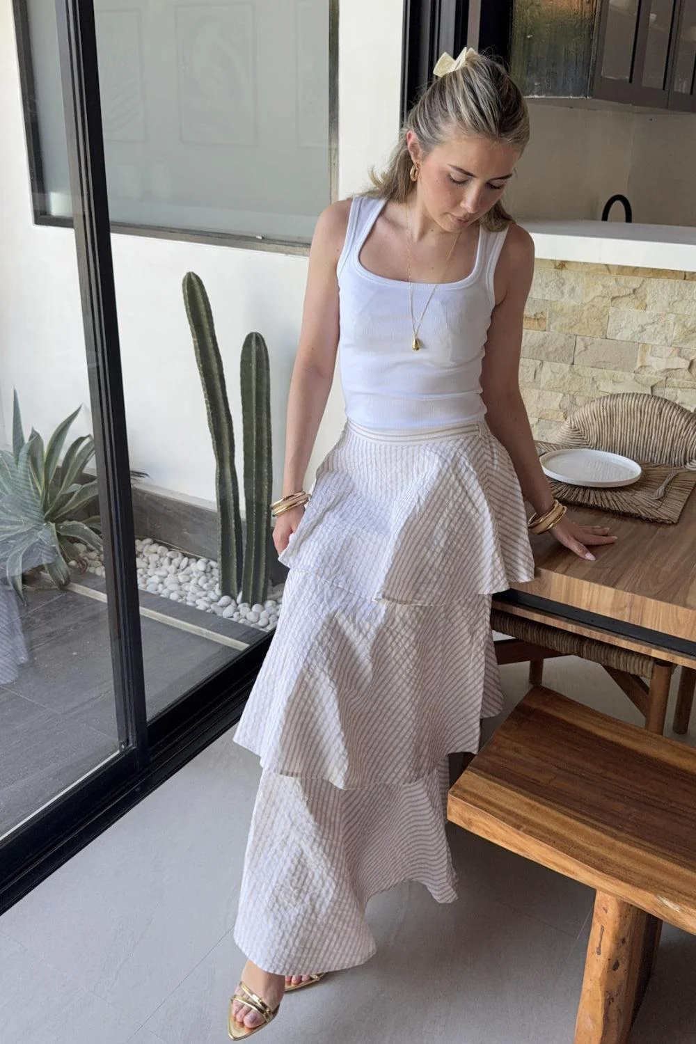 Seersucker Flounce Skirt Khaki Stripe - Image 2