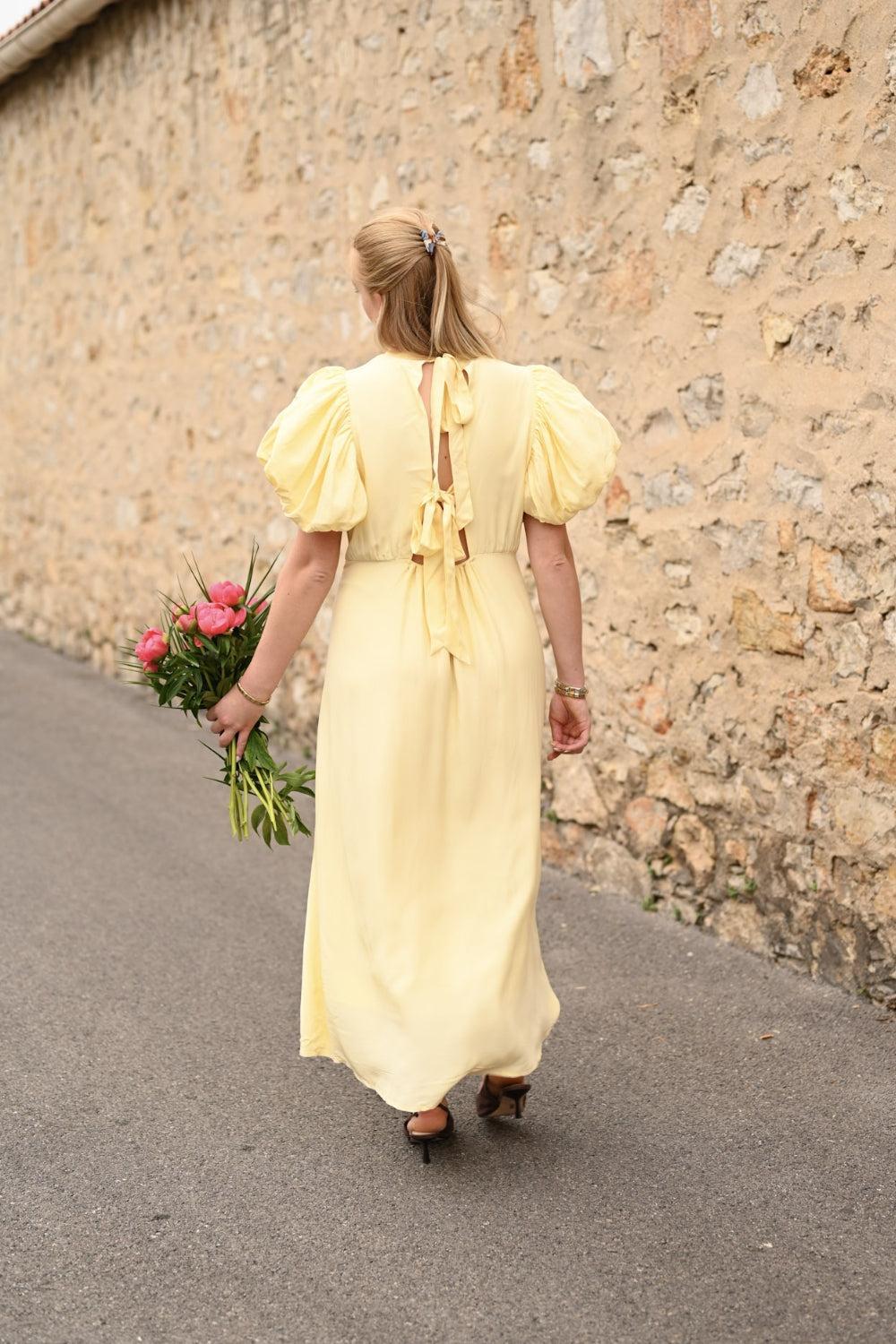 Alicia Puff Short Sleeve Open Back Midi Dress Soft Yellow - Image 3