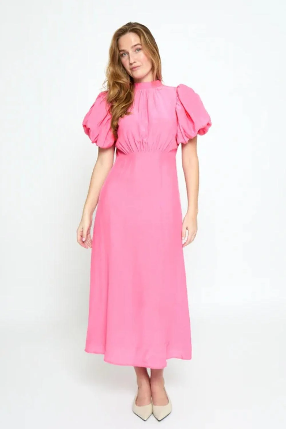 Alicia Puff Short Sleeve Open Back Midi Dress Prism Pink - Image 4