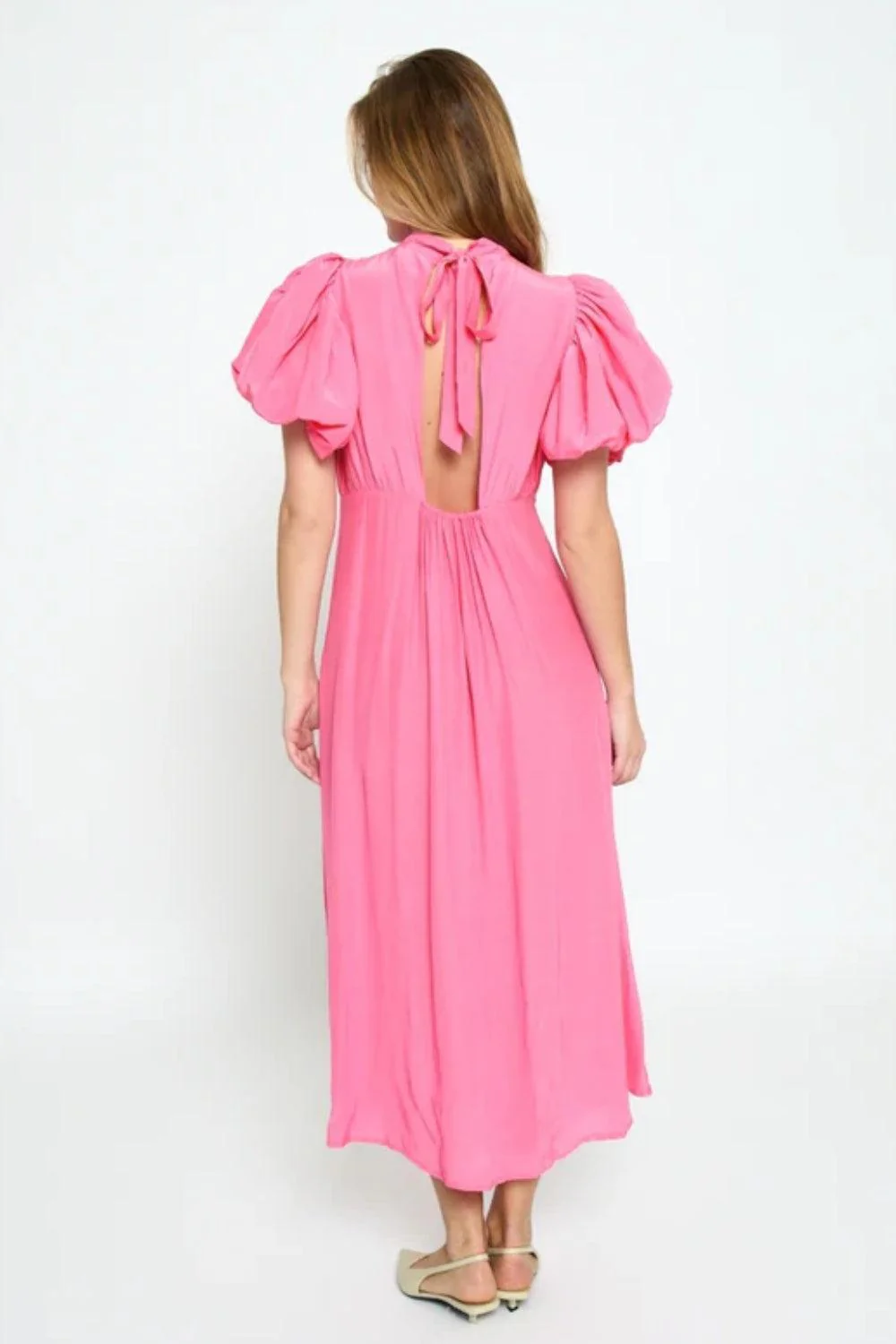 Alicia Puff Short Sleeve Open Back Midi Dress Prism Pink - Image 5