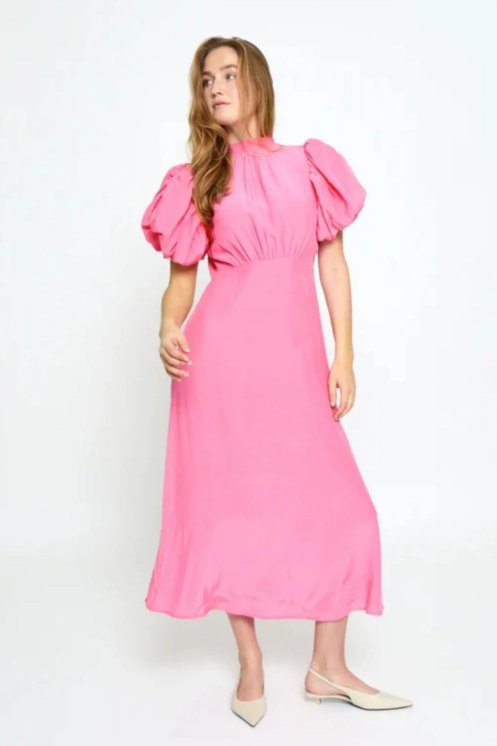 Alicia Puff Short Sleeve Open Back Midi Dress Prism Pink - Image 6